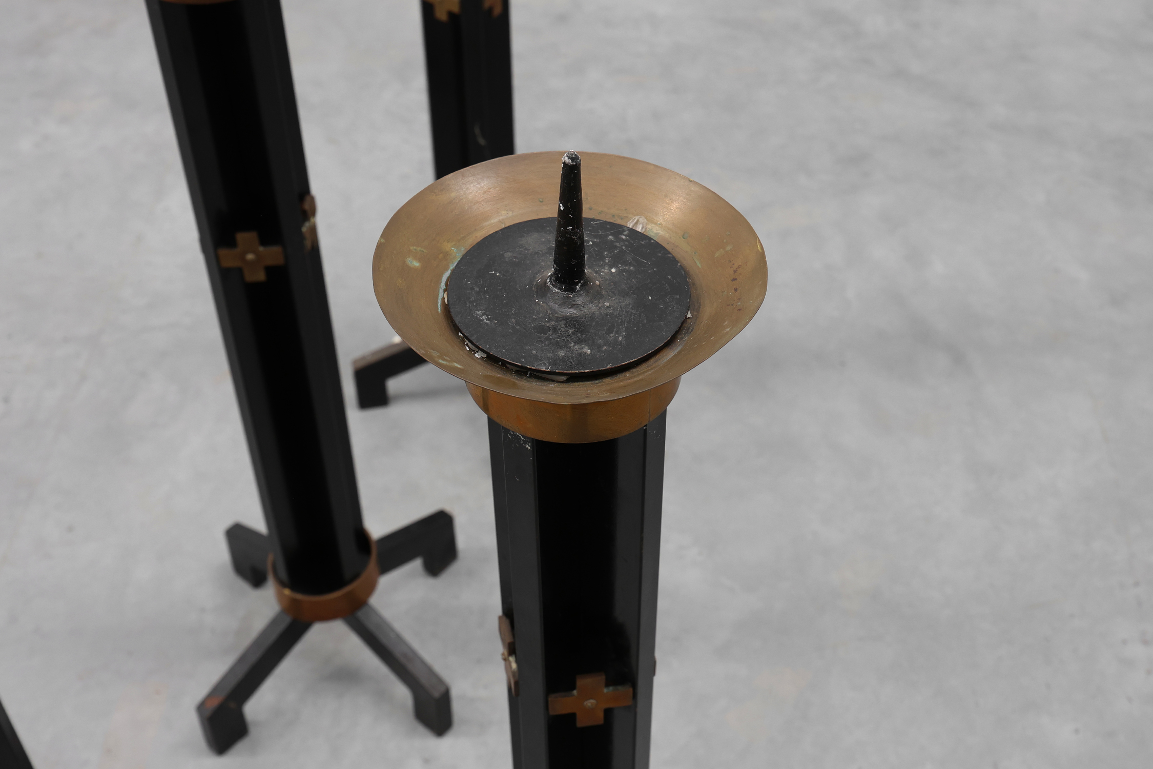 Rare set of 4 very large church candle sticks in black metal and copper, 1960sthumbnail